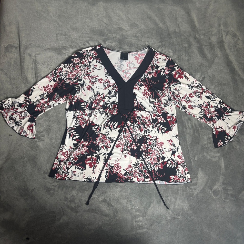 JTB Woman Floral Bell Sleeve Tunic Top Black Red White V Neck Boho Y2K